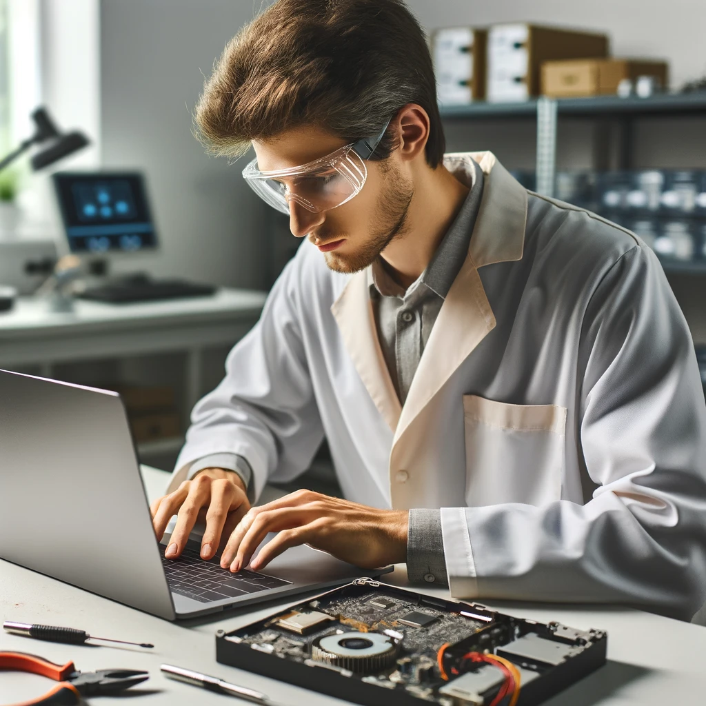 DALL·E 2024 05 29 05.04.14 A photo of a technician testing a laptop. The technician is wearing a lab coat and safety glasses working carefully on a laptop that is open on a wor