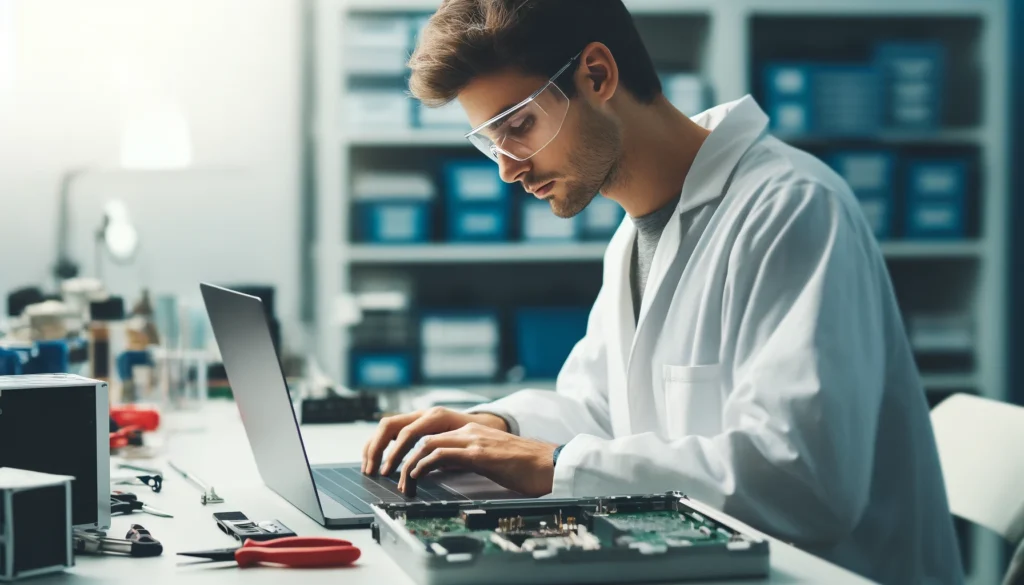 DALL·E 2024 05 29 05.45.27 A photo of a technician working on a laptop. The technician is wearing a lab coat and safety glasses focused on the open laptop in front of them. The