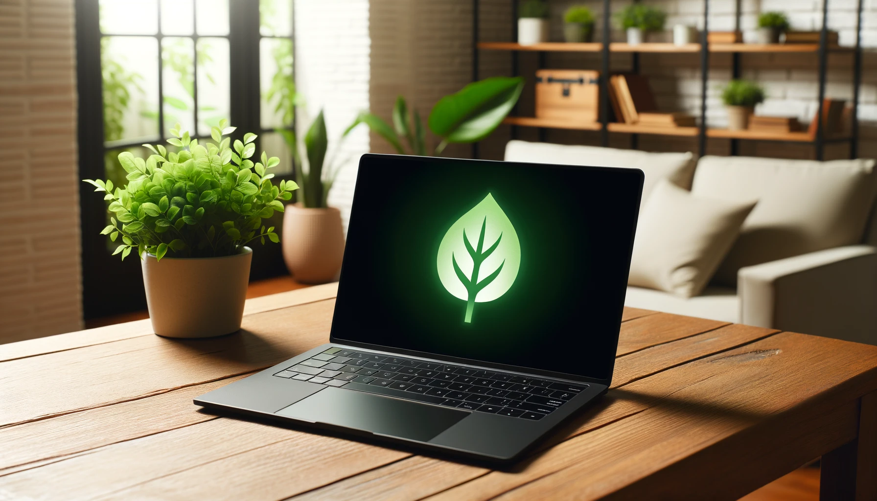 Une photo representant un ordinateur portable noir reconditionne comme solution ecologique. Lordinateur portable est place sur un bureau en bois avec une plante en arriere plan